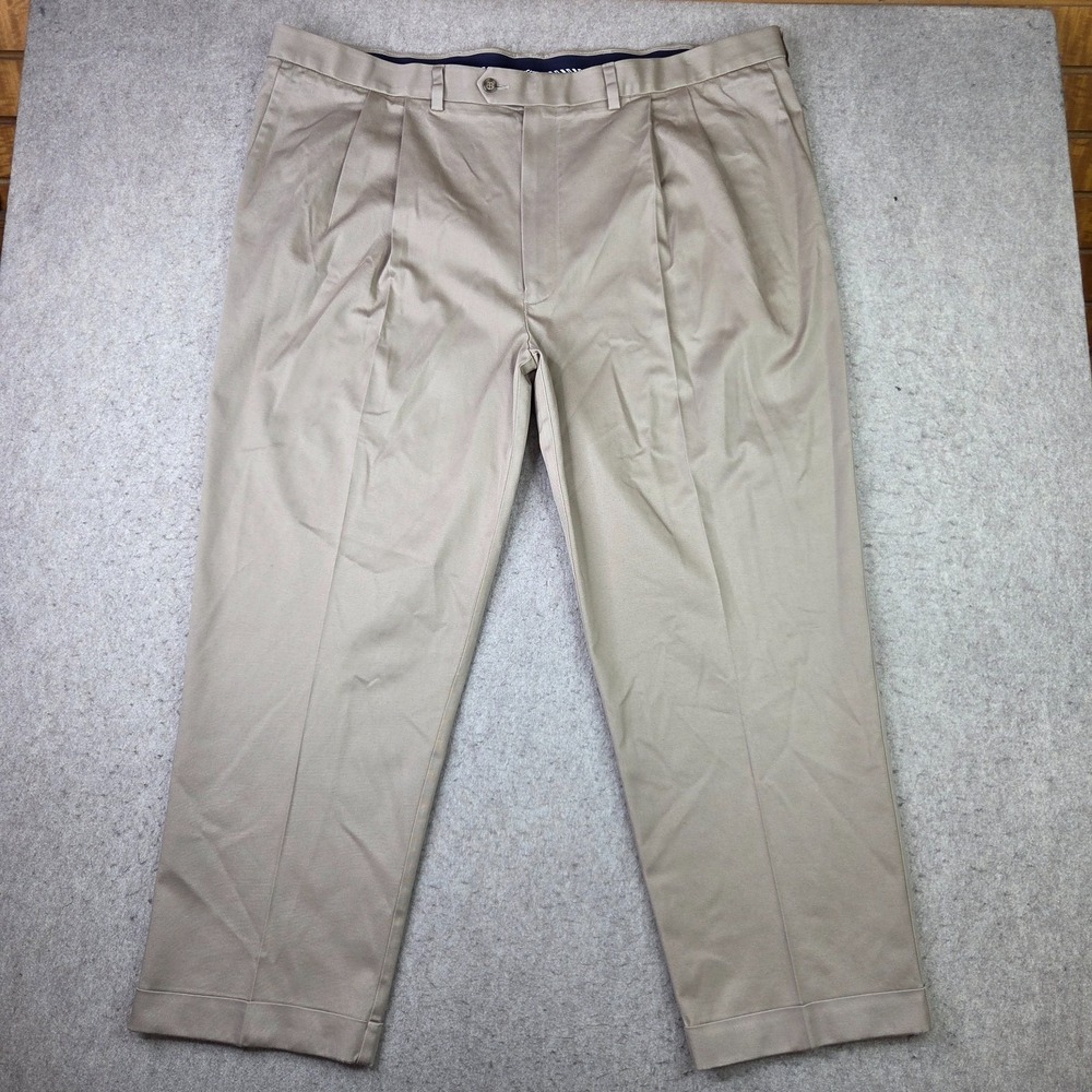 Roundtree Yorke TravelSMART Pants Mens 48x30 Tan Pleated Cuffed Stretch NEW